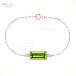 Natural Baguette Peridot And Diamond Bezel Set Chain Bracelet in 14k Solid Gold