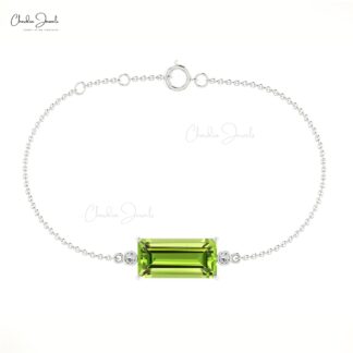 Natural Baguette Peridot And Diamond Bezel Set Chain Bracelet in 14k Solid Gold