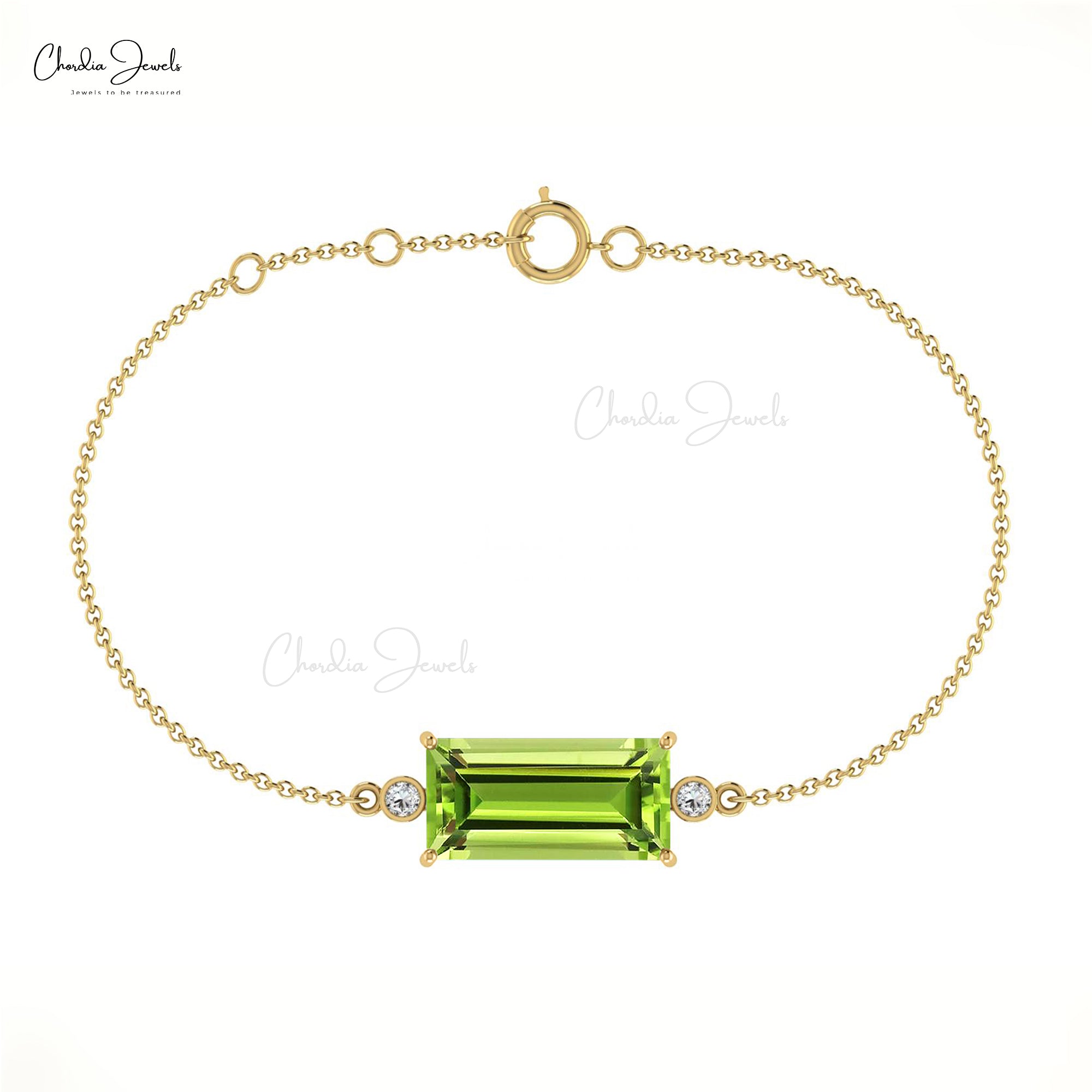 Natural Baguette Peridot And Diamond Bezel Set Chain Bracelet in 14k Solid Gold