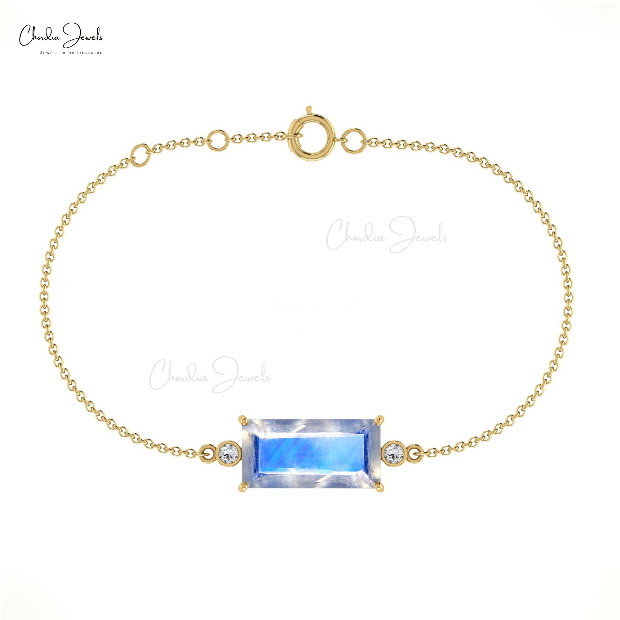 Baguette Cut Bracelet With 4.5 Ct Moonstone And Diamond 14k Solid Gold Bracelet