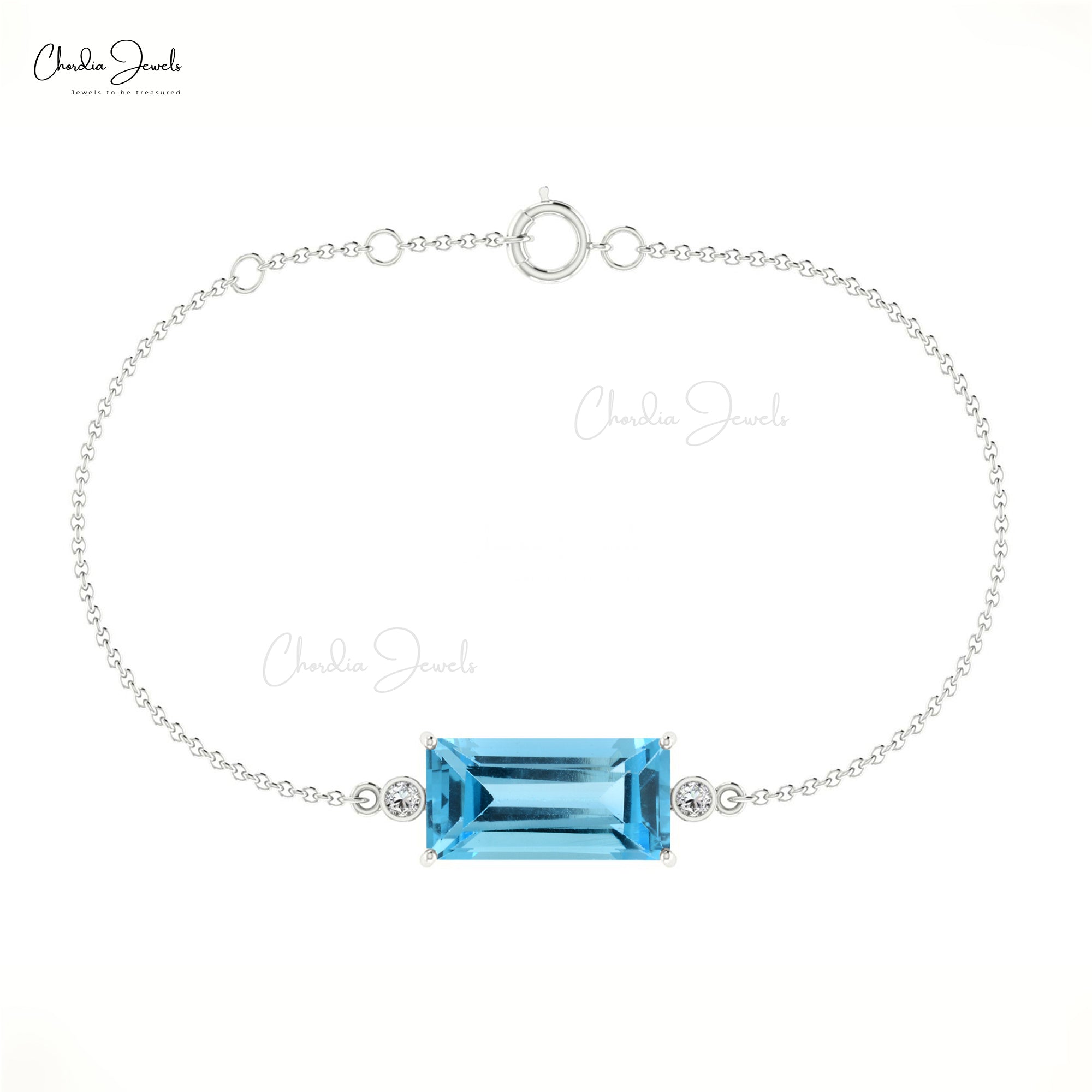 Handcrafted 14k Gold Chain Bracelet with 4.76 Ct Swiss Blue Topaz and Diamond Accents