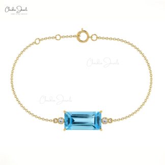 Handcrafted 14k Gold Chain Bracelet with 4.76 Ct Swiss Blue Topaz and Diamond Accents