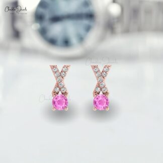 0.90 Ct Pink Sapphire And Pave Diamond Criss-Cross Stud Earrings in 14k Solid Gold