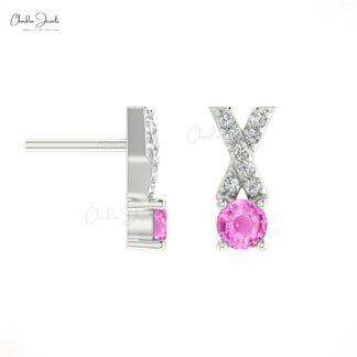 0.90 Ct Pink Sapphire And Pave Diamond Criss-Cross Stud Earrings in 14k Solid Gold