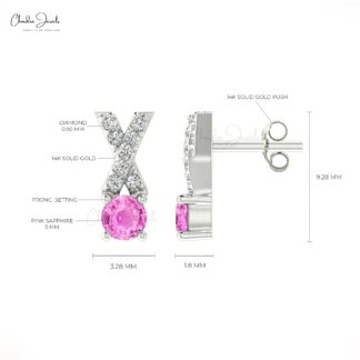 0.90 Ct Pink Sapphire And Pave Diamond Criss-Cross Stud Earrings in 14k Solid Gold