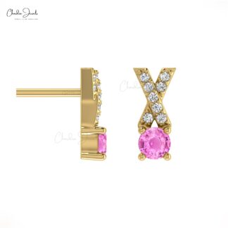 0.90 Ct Pink Sapphire And Pave Diamond Criss-Cross Stud Earrings in 14k Solid Gold