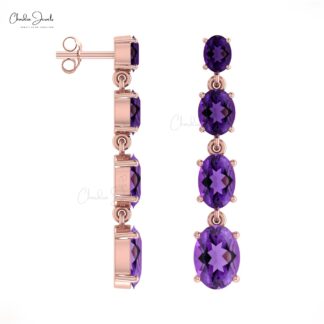 Four Stone Dangler Earrings With 3.4 CTW Amethyst Oval Gemstone In 14k Pure Gold Fine Jewelry