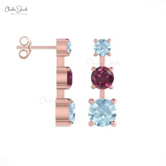 Three Stone Studs In 14k Solid Gold With 4mm Rhodolite And Aquamarine Prong Set Earrings For Her