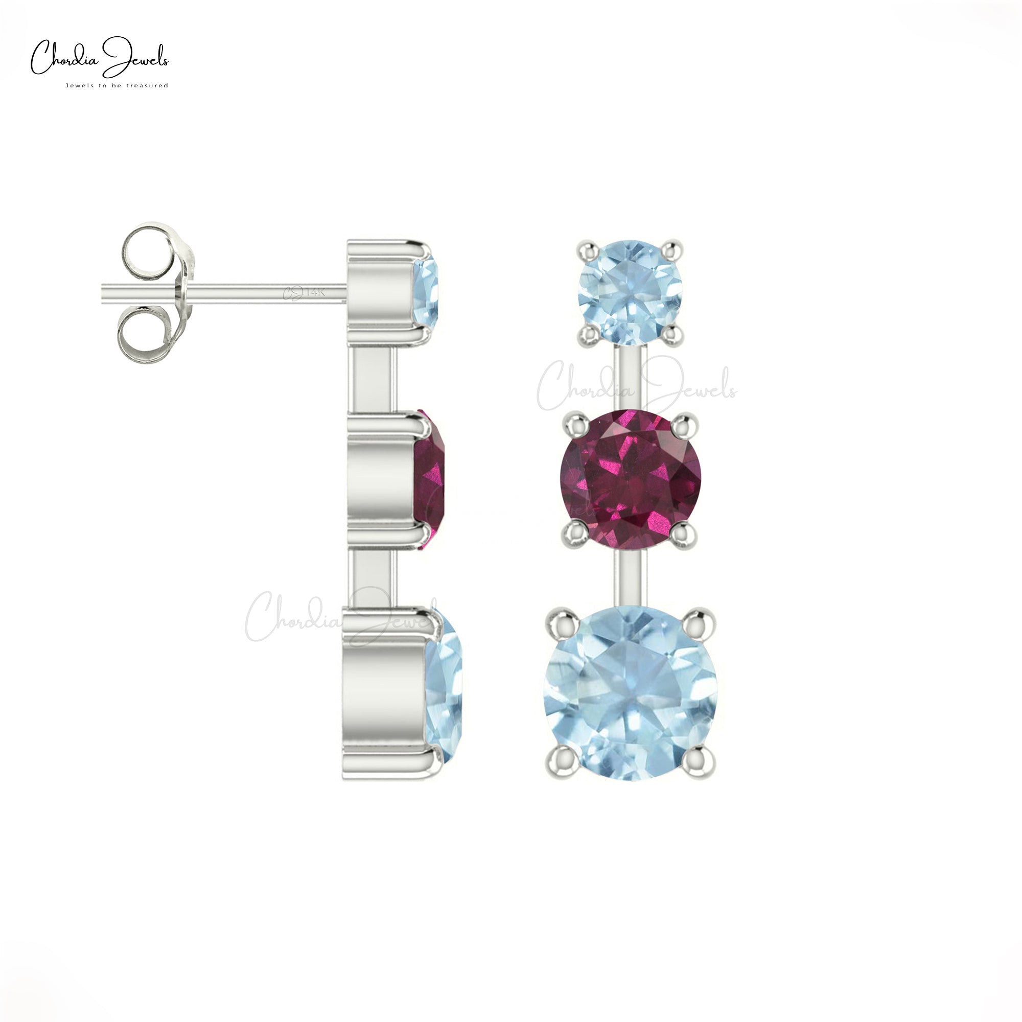 Three Stone Studs In 14k Solid Gold With 4mm Rhodolite And Aquamarine Prong Set Earrings For Her
