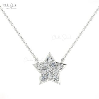 Brilliant Cut Star Pendant in 14k Solid Gold with 0.15 Ct White Diamond Cluster Necklace