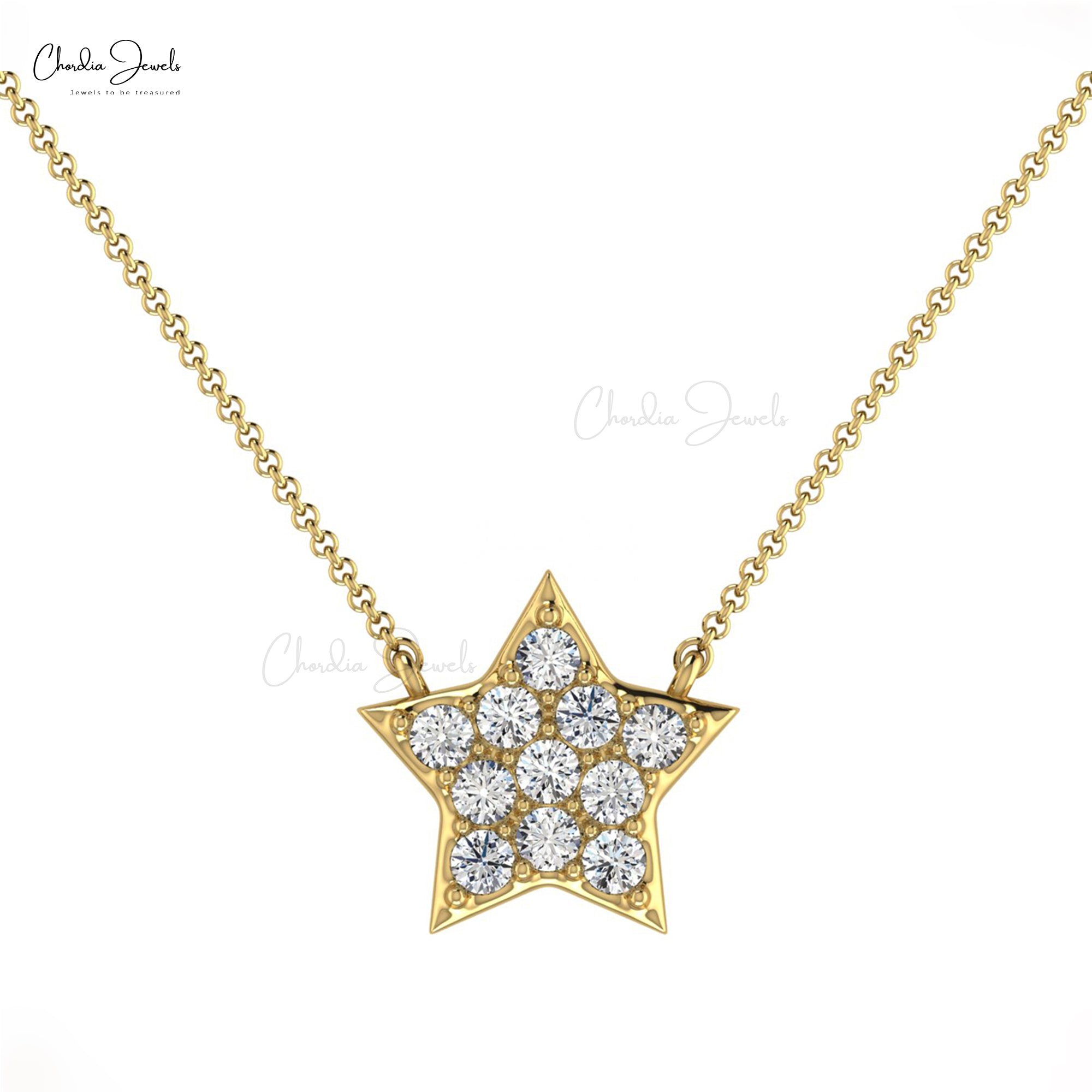 Brilliant Cut Star Pendant in 14k Solid Gold with 0.15 Ct White Diamond Cluster Necklace