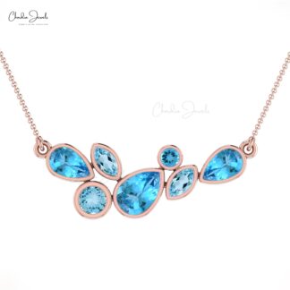 Seven Stone Wedding Pendant with 1.43 Ct Swiss & Sky Blue Topaz 14k Real Gold Necklace