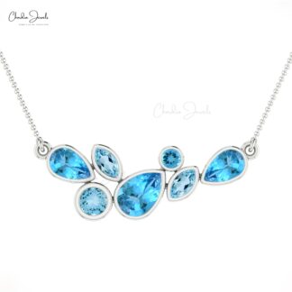 Seven Stone Wedding Pendant with 1.43 Ct Swiss & Sky Blue Topaz 14k Real Gold Necklace