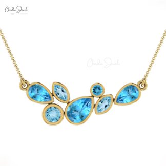 Seven Stone Wedding Pendant with 1.43 Ct Swiss & Sky Blue Topaz 14k Real Gold Necklace