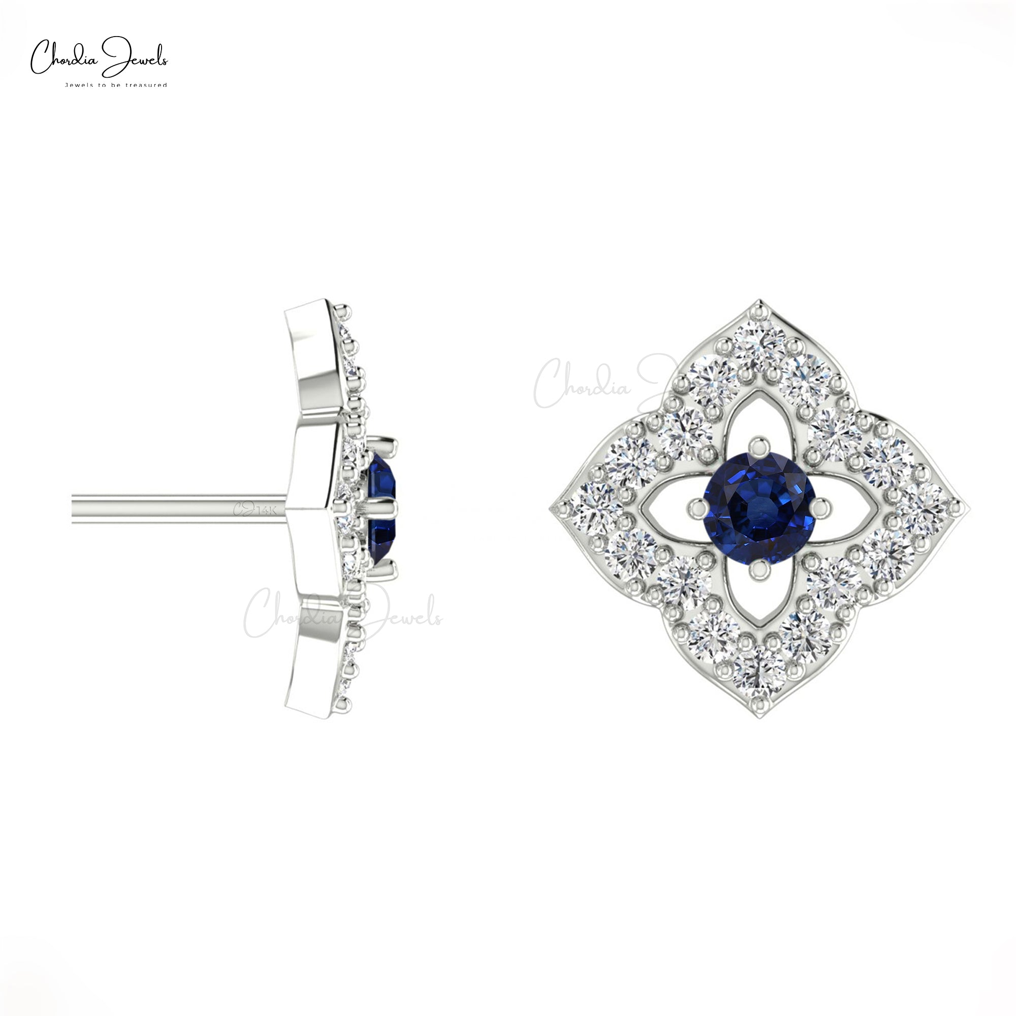 Solid 14k Gold Blossom Studs With 0.06 CT Blue Sapphire And Small Diamond Earrings For Mom