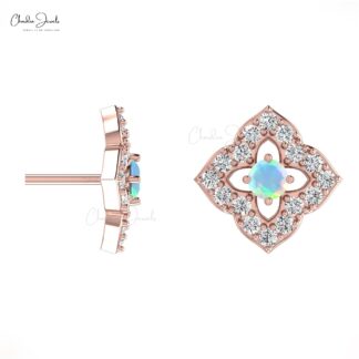 Flower Style Halo Diamond Studs In 14k Solid Gold Fire Opal 2mm Gemstone Wedding Earrings