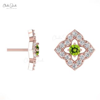 Floral Diamond Halo Studs With 2mm Peridot Gemstone 14k Real Gold Women Unique Earrings