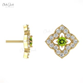 Floral Diamond Halo Studs With 2mm Peridot Gemstone 14k Real Gold Women Unique Earrings