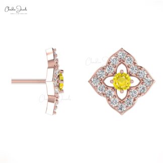 Daisy Floral Push Back Studs In 14k Solid Gold Yellow Sapphire Halo Diamond Women Earrings