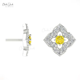 Daisy Floral Push Back Studs In 14k Solid Gold Yellow Sapphire Halo Diamond Women Earrings
