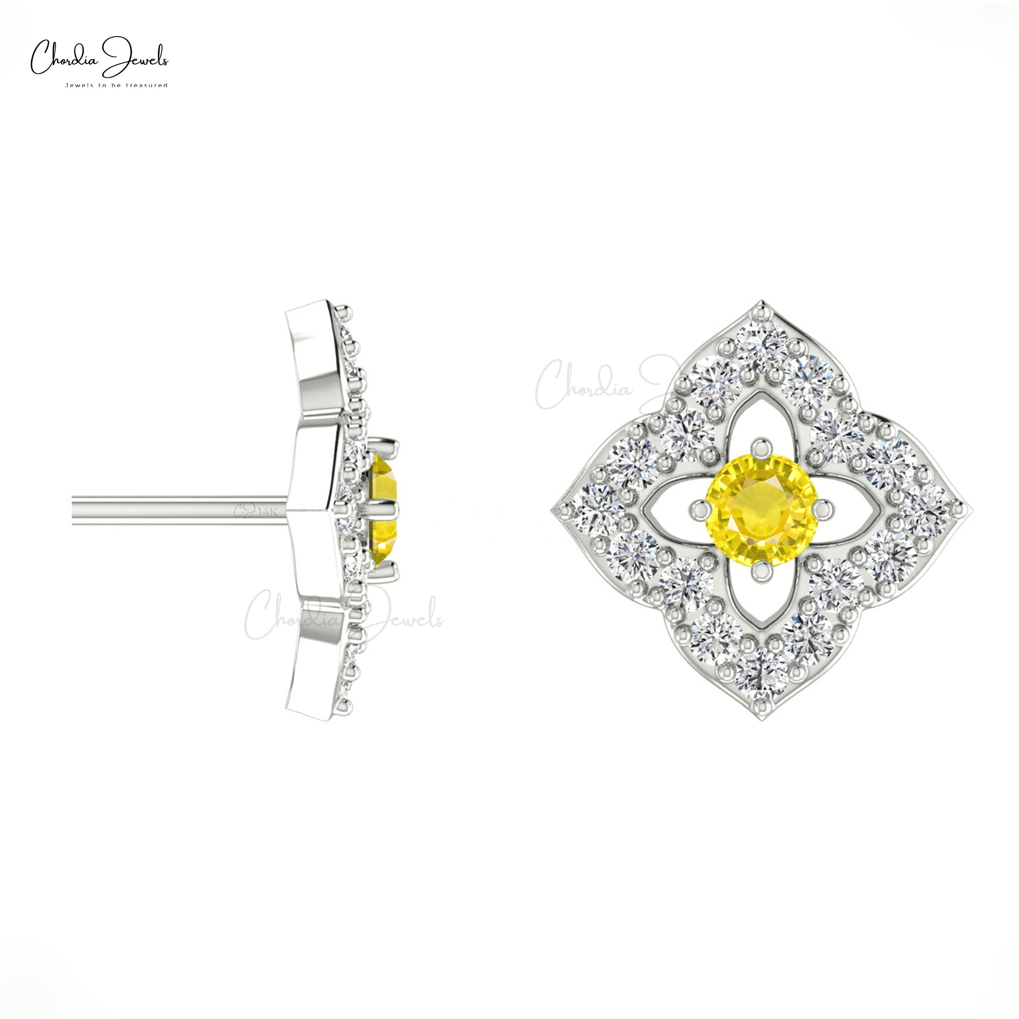 Daisy Floral Push Back Studs In 14k Solid Gold Yellow Sapphire Halo Diamond Women Earrings