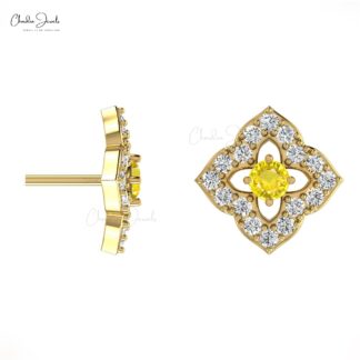 Daisy Floral Push Back Studs In 14k Solid Gold Yellow Sapphire Halo Diamond Women Earrings