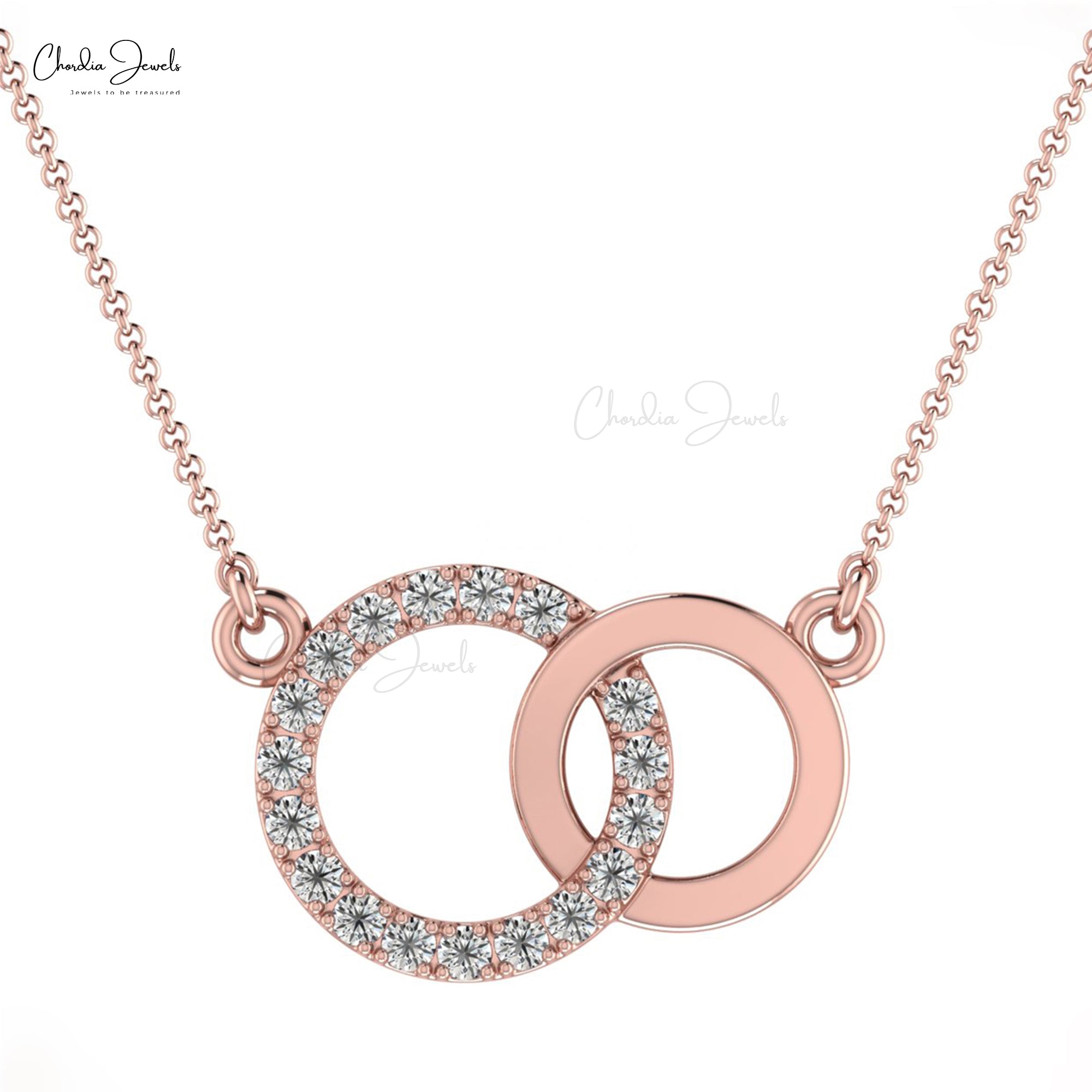 Interlocking Chain Necklace With 0.13 Ct White Diamond Open Circle Necklace in 14k Real Gold