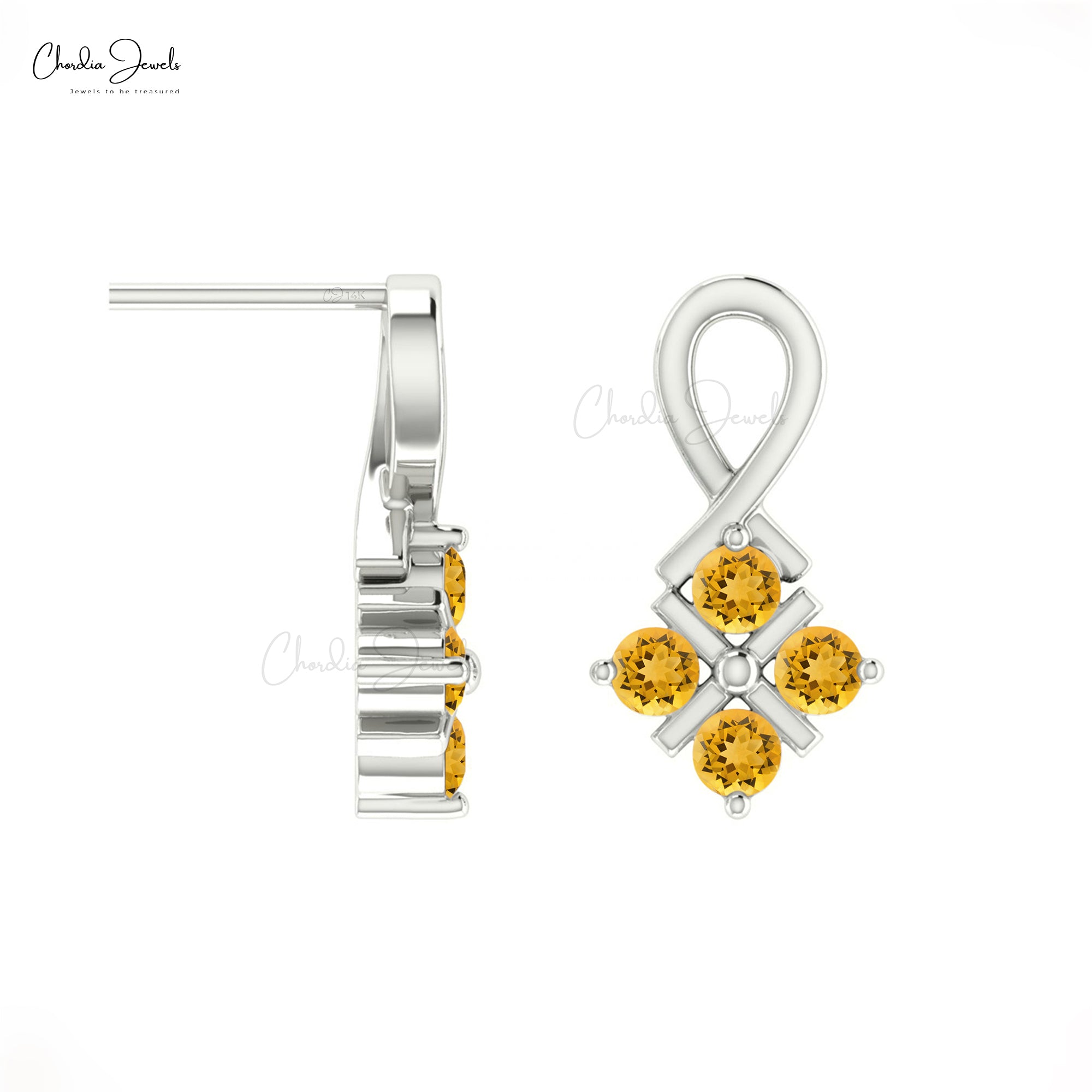 Twisted Gemstone Earring In 14k Pure Gold Round Citrine Cluster Push Back Studs