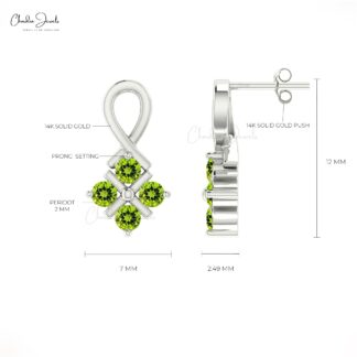 Round 4 Stone Twisted Earrings With 2mm Peridot Channel Set In 14k Real Gold Studs For Her