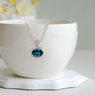 Gemstone Women Pendant In 14k Solid Gold London Blue Topaz And Diamond Unique Necklace