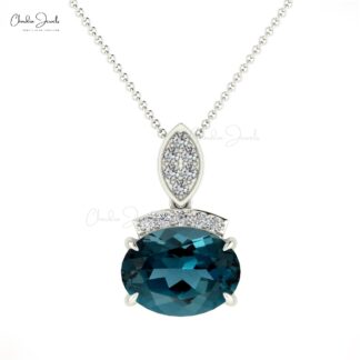 Gemstone Women Pendant In 14k Solid Gold London Blue Topaz And Diamond Unique Necklace