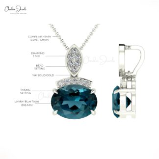 Gemstone Women Pendant In 14k Solid Gold London Blue Topaz And Diamond Unique Necklace