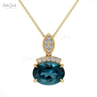 Gemstone Women Pendant In 14k Solid Gold London Blue Topaz And Diamond Unique Necklace