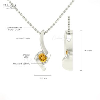 Brilliant Cut Solitaire Charm With 4mm Citrine Gemstone Twisted Pendant In 14k Real Gold