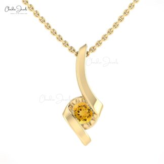 Brilliant Cut Solitaire Charm With 4mm Citrine Gemstone Twisted Pendant In 14k Real Gold