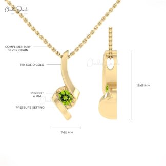 Solitaire Single Stone Charm With 14k Real Gold Peridot 4mm Round Gemstone Pendant For Her