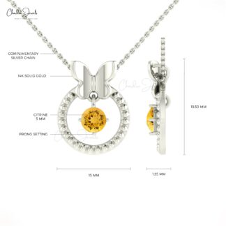 Butterfly Design Migrain Pendant With 0.4 CT Round Citrine 14k Solid Gold Necklace For Her