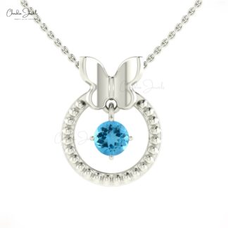 Genuine Swiss Blue Topaz Dangle Pendant With 5mm Round Cut December Birthstone Jewelry