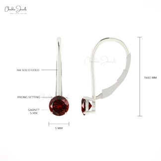 AAA Red Garnet Solitaire Earring With 5mm Round Cut 14k Real Gold Fine Jewelry For Women