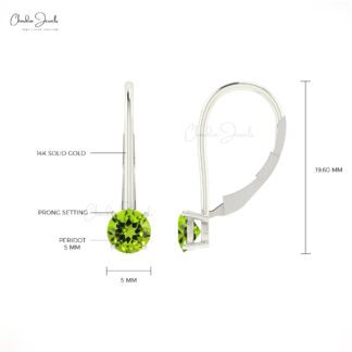 Solid 14k Gold Latch Back Earrings With 0.8 CT Round Peridot Gemstone Earring Hallmark Jewelry