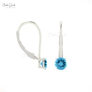 Solid 14k Gold Dangle Earrings With 0.8 CT Swiss Blue Topaz Round Gemstone Earrings For Her
