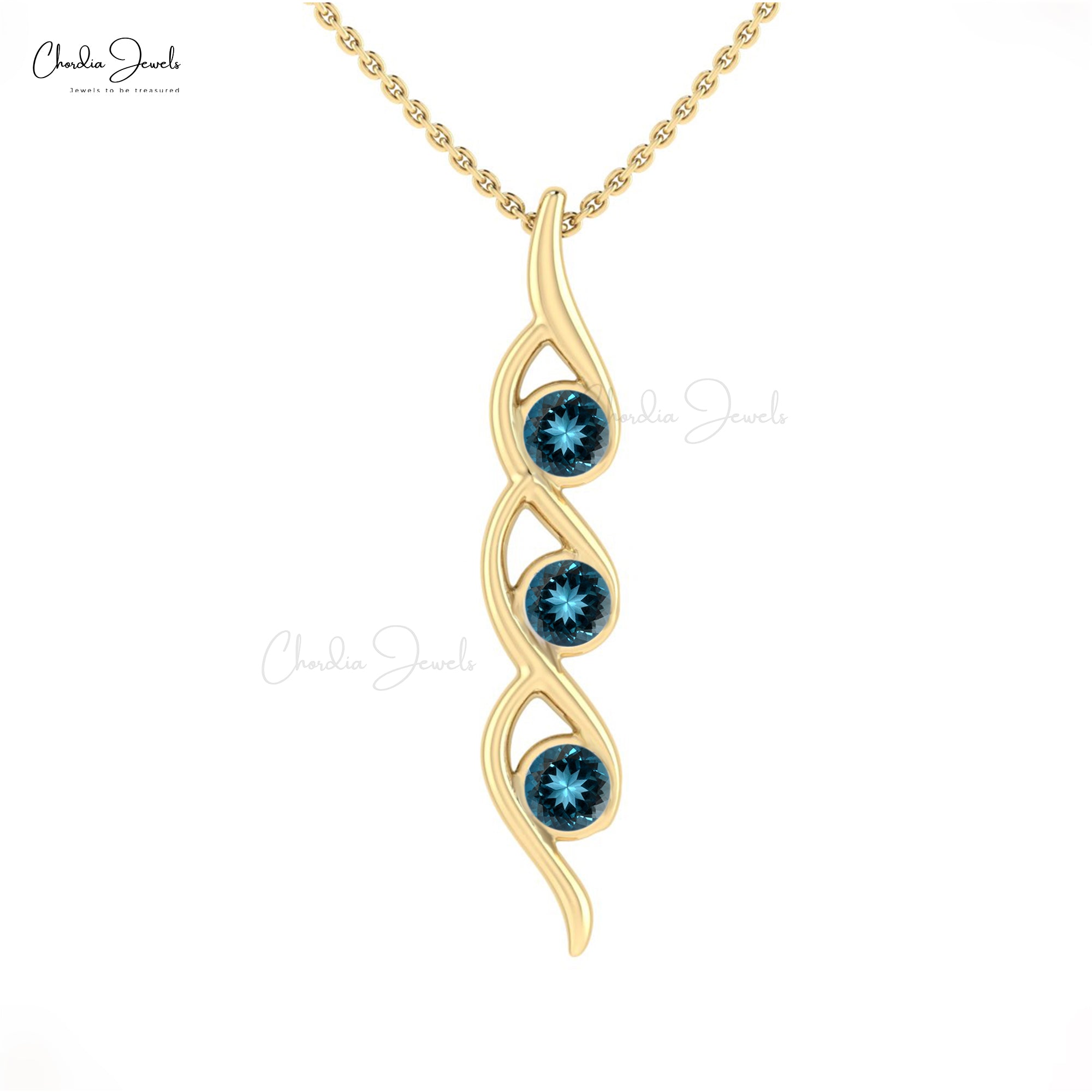Trio Gemstone Pendant in 14k solid Gold With 0.66 Ct London Blue Topaz Pendant