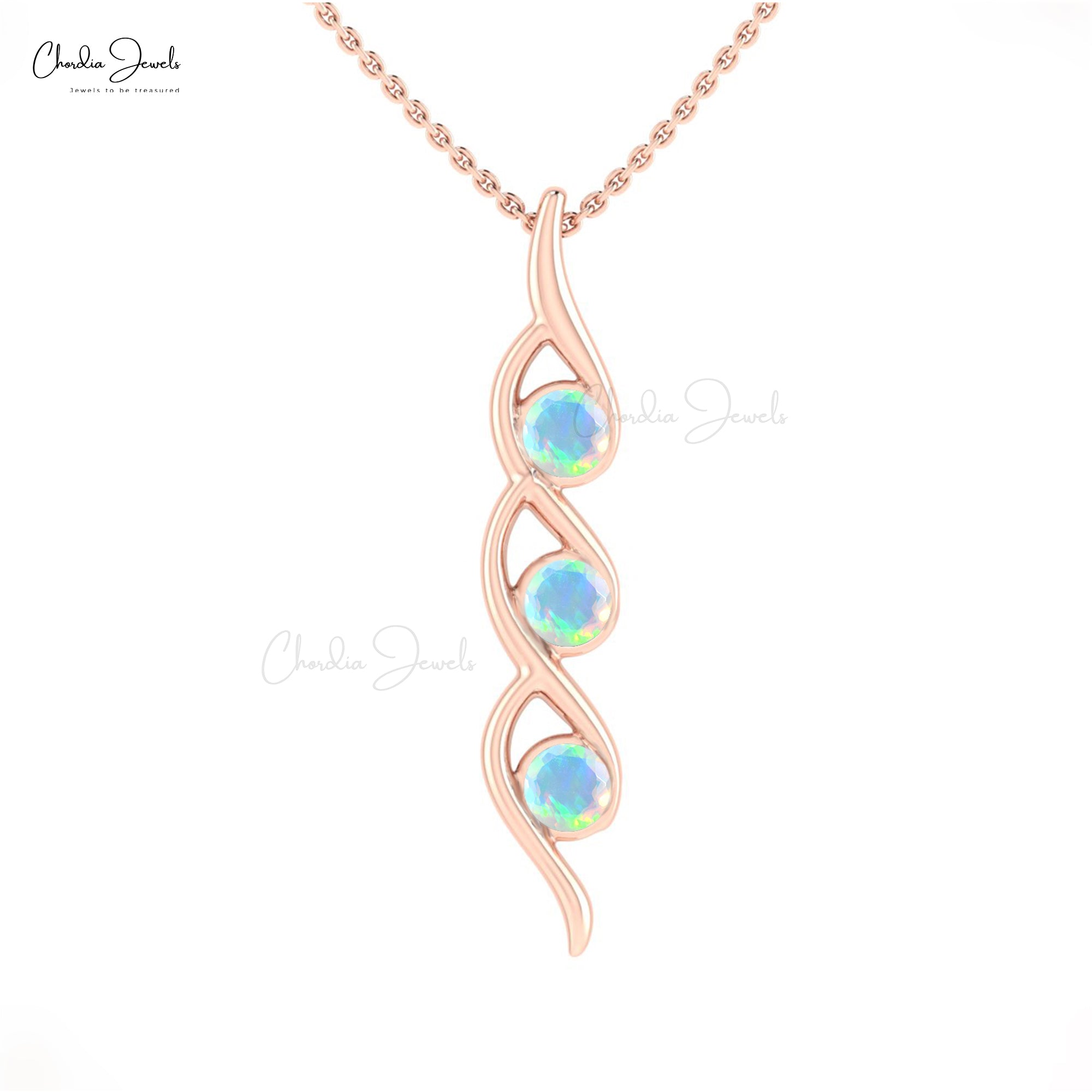 Gemstone Twisted Pendant In 14k Real Gold Fire Opal 4mm Round Cut 3 Stone Women Necklace