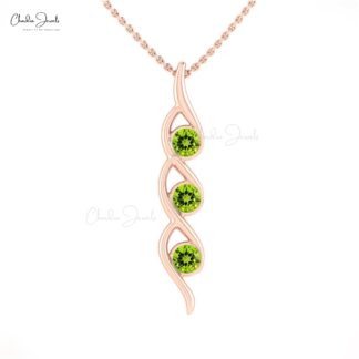 Solid 14k Gold Twisted 3 Stone Pendant With 0.66 Ct Peridot Gemstone Necklace For Mom