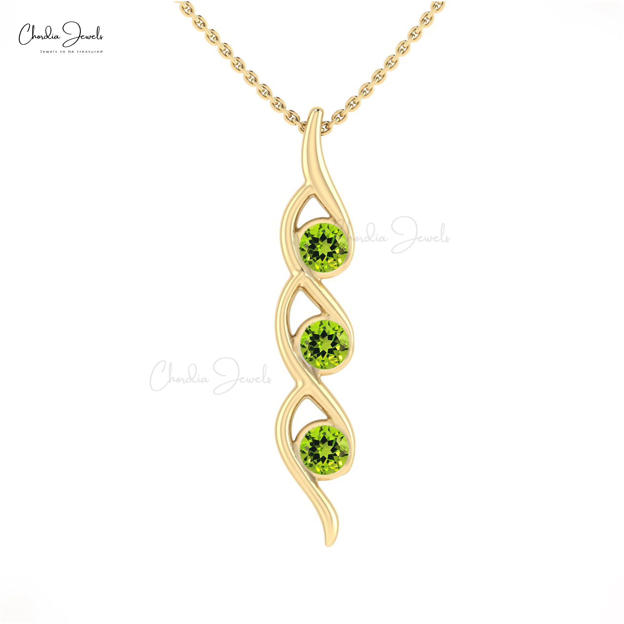 Solid 14k Gold Twisted 3 Stone Pendant With 0.66 Ct Peridot Gemstone Necklace For Mom