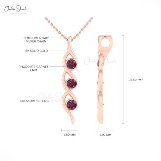 Twisted Gemstone Pendant in 14k Real Gold With 0.66 Ct Rhodolite Garnet Necklace