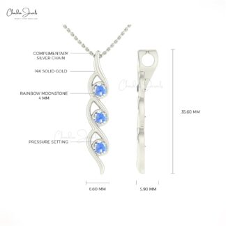 Round Cut 3 Stone Pendant With 0.66 Ct Rainbow Moonstone Pave Set In 14k Gold Pendants