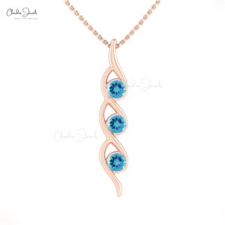 Three Stone Pendant With 0.8 CTW Swiss Blue Topaz 14k Solid Gold Gemstone Necklace For Her