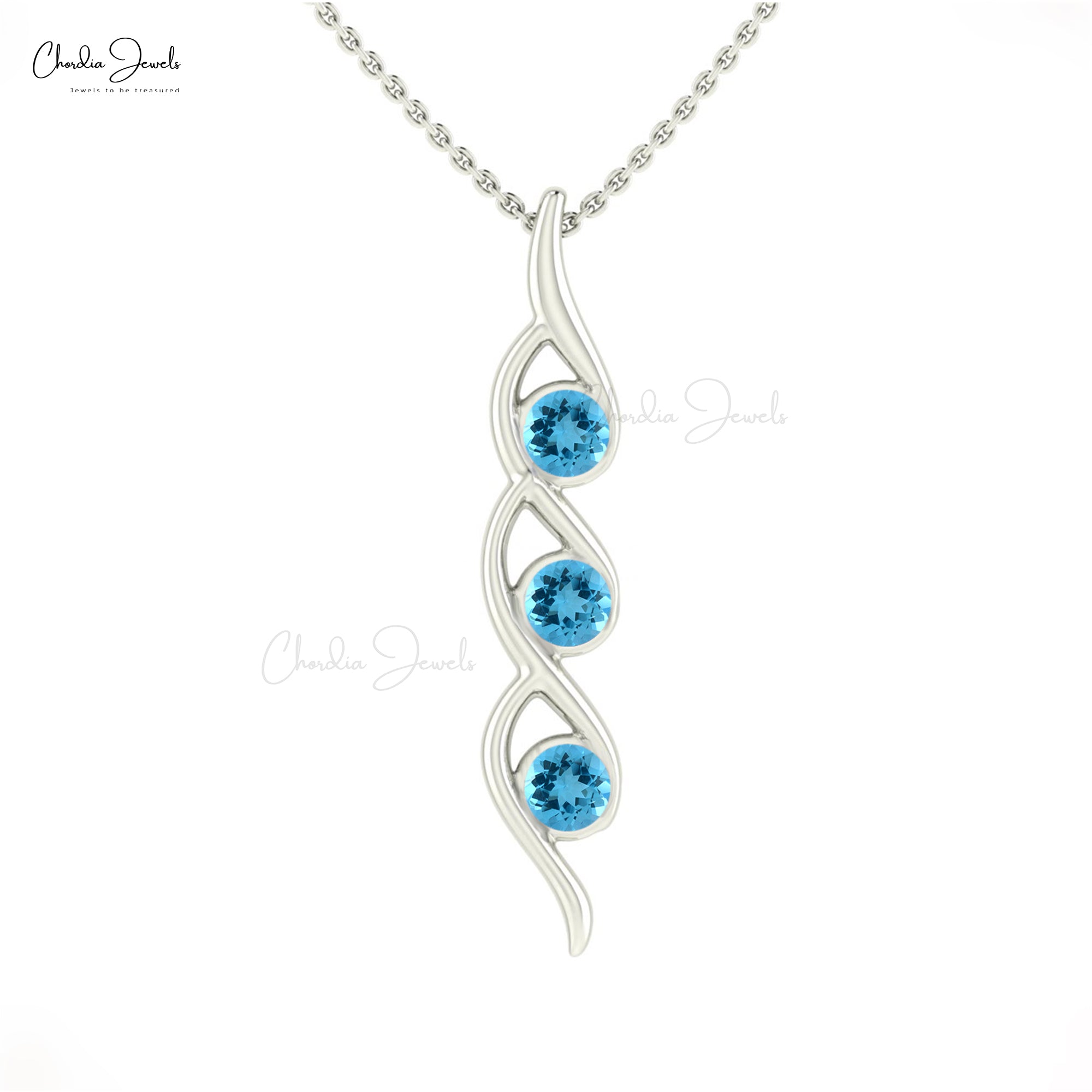 Three Stone Pendant With 0.8 CTW Swiss Blue Topaz 14k Solid Gold Gemstone Necklace For Her