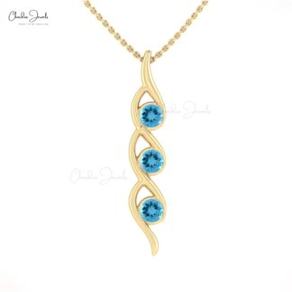 Three Stone Pendant With 0.8 CTW Swiss Blue Topaz 14k Solid Gold Gemstone Necklace For Her